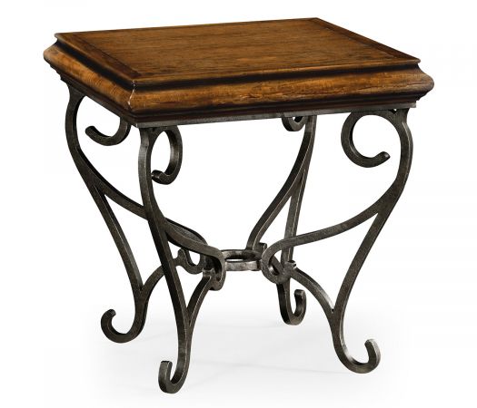 JC Edited - Artisan Collection - Rustic Walnut Square Side Table with Wrought Iron Base