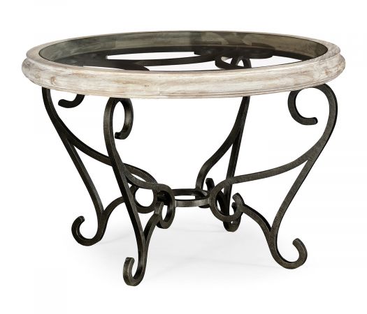 JC Edited - Artisan Collection - Limed Wood and Glass Top Centre Table with Wrought Iron Base