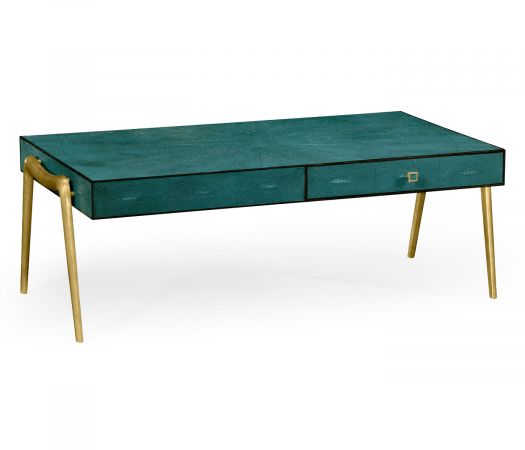 JC Modern - Luxe Collection - Teal Faux Shagreen and Brass Legged Coffee Table