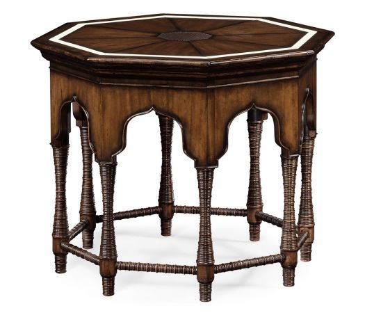 Moroccan Collection - Octagon rustic walnut center table with bones inlay