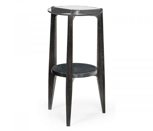 JC Edited - Architects House Collection - Architectural Round Black Leather & Black Mocha Oak End Table with Glass Top