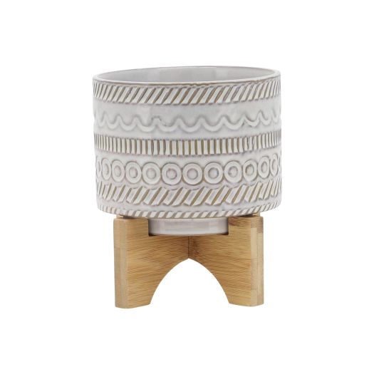 5 TRIBAL PLANTER W/ WOOD STAND, BEIGE