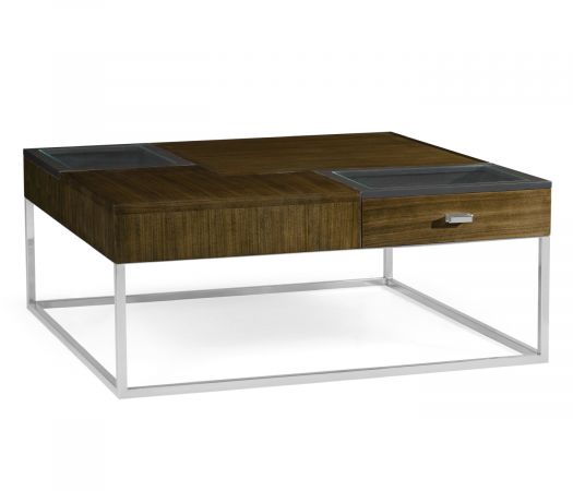 JC Modern - Eclectic Collection - Square Autumn Walnut Coffee Table with Two Glass Top Drawers