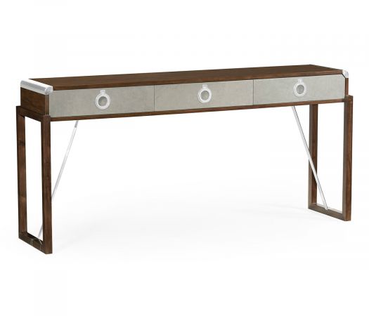 JC Modern - Campaign Collection - Campaign Style Dark Santos Rosewood & Grey Leather Console Table with Drawers