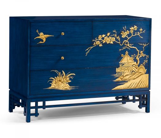 JC Modern - Eclectic Collection - Chinoiserie Style Antique Royal Blue Chest of Drawers