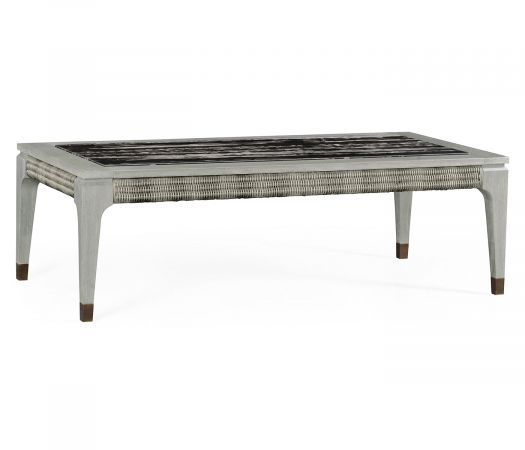 JC Outdoor - Hampton Collection - Rectangular Cloudy Grey & Rattan Coffee Table with a Black Marble Top