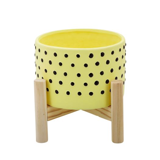 6 DOTTED PLANTER W/ WOOD STAND, YELLOW
