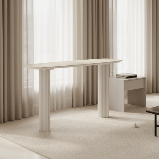 60catalina Travertine&fluted Wood Console Tble/kd