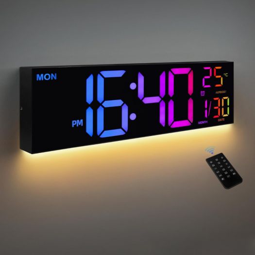 HAITANG 8 Colors Digital Wall Clock, 16.2" Large Digital Clock with Temperature, Date, Auto DST, Night Light, Auto Brightness Dimmer