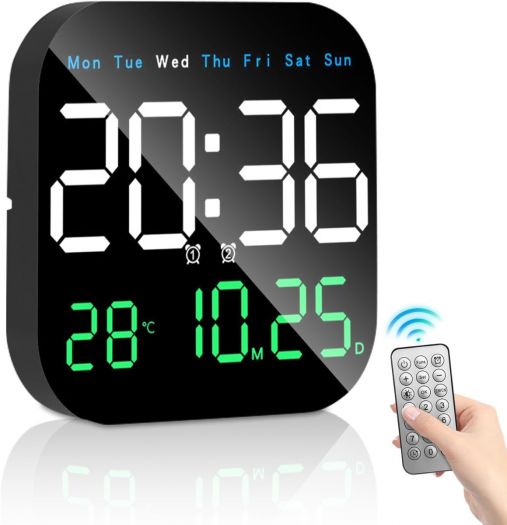 Necomi Digital Wall Clock,9'' LED Digital Clock with Remote Control for Living Room Decoration, Week/Date/Temperature in 3 Colors