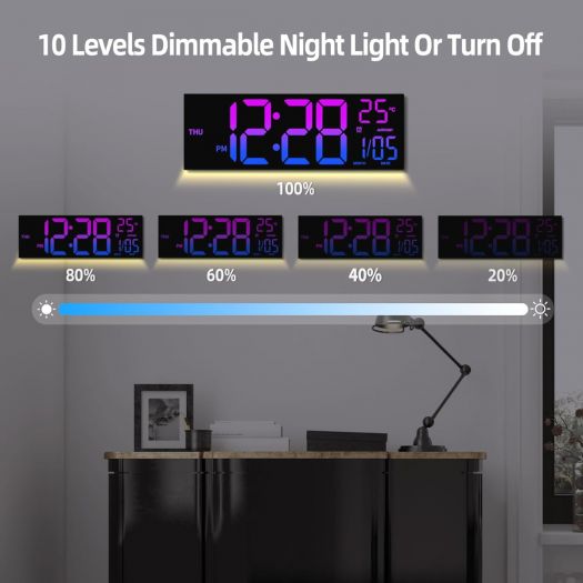 HAITANG 8 Colors Digital Wall Clock, 16.2" Large Digital Clock with Temperature, Date, Auto DST, Night Light, Auto Brightness Dimmer