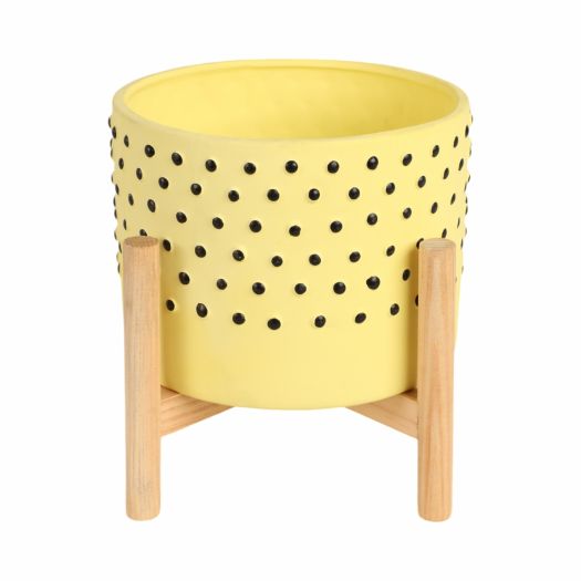 8 DOTTED PLANTER W/ WOOD STAND, YELLOW