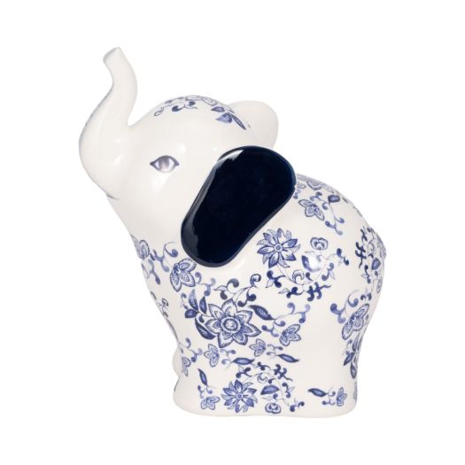 8 Trunk Up Chinoiserie Elephant, Blue/white