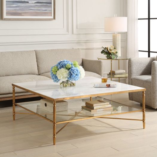 Henzler 126 W x 47 H x 126 D Gold Square Coffee Table with Marble Top