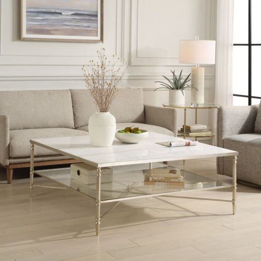 Henzler 126 W x 47 H x 126 D Silver Square Coffee Table with Marble Top