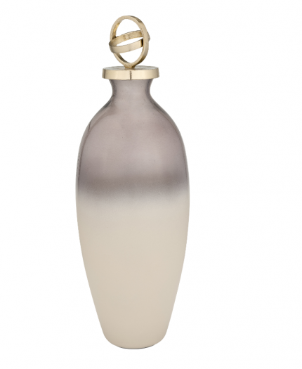 GLASS,22",BOTTLE W/SPHERE LID,WHITE/GOLD