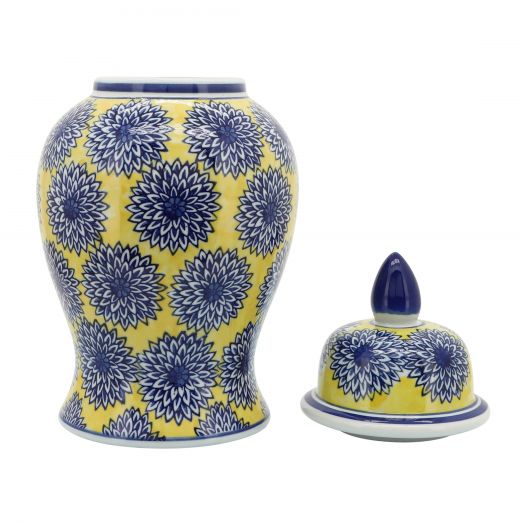 14" Temple Jar W/Dalhia Flower,Yellow/Blue