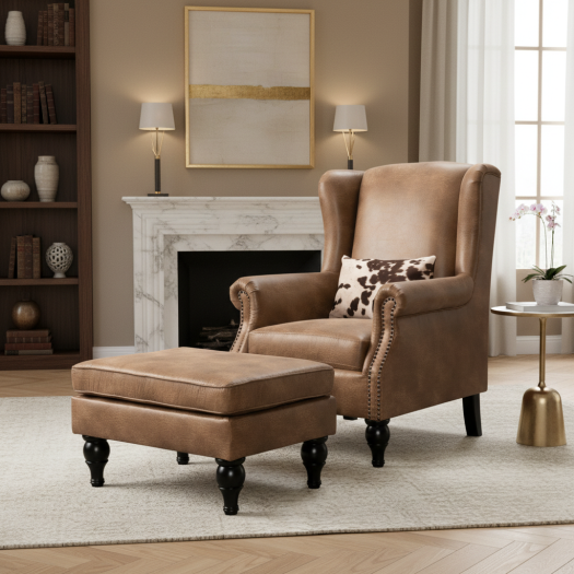 Benjamín Brown Accent Chair + Ottoman