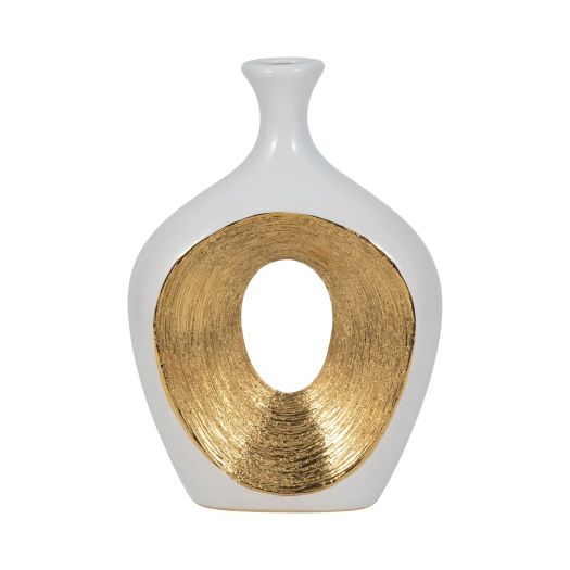 CER, 13H 2-TONE SCRATCHED OVAL VASE, WHT/GLD