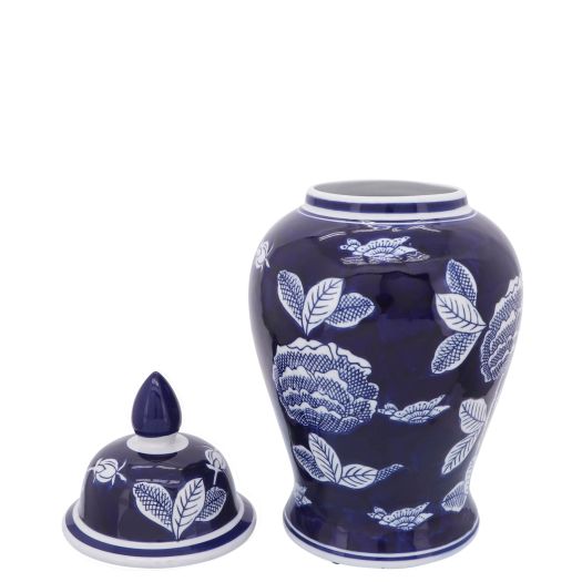 CER, 14H FLORALTEMPLE JAR, WHT/BLU