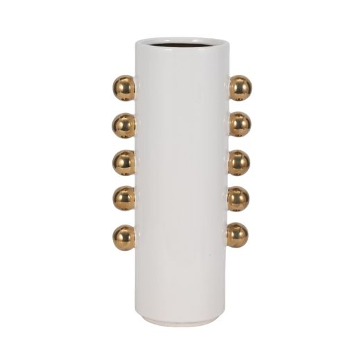 Cer, 16 Vase W/ Side Knobs, White/gold