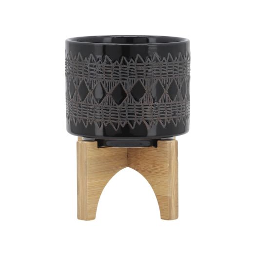 CERAMIC 5 AZTEC PLANTER ON WOODEN STAND, BLACK