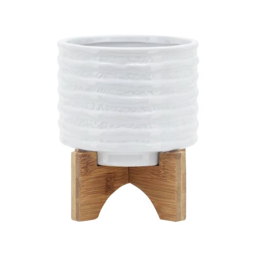 CERAMIC 5 PLANTER ON STAND, WHITE STRIPE