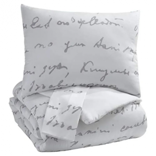 Adrianna Queen Comforter With Elegant Script White And Grey