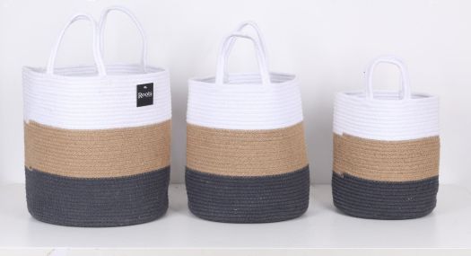 CTN/JUTE LONG BASKET W/HNDL - WHT+NATL+G RY S/3