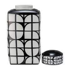 CER, 18"H SQUARE JAR W/ LID, BLACK/WHITE