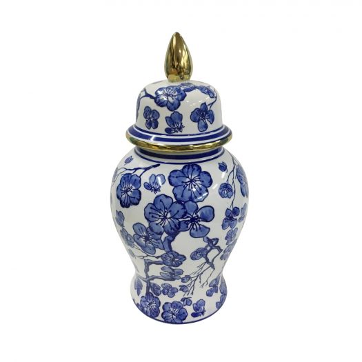 14" TEMPLE JAR W/ HIBISCUS, BLUE & WHITE