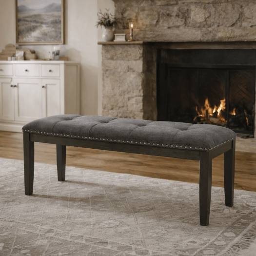 Everdeen Bench w/ Grey Fabric and Nail Heads in Charcoal