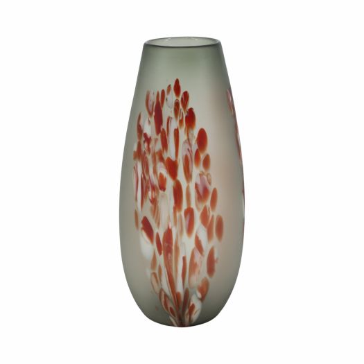GLASS, FROSTED VASE WITH RED DETAIL-GRAY