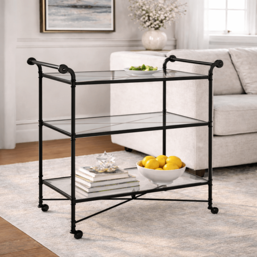 Henzler 106 W x 95 H x 45 D Black Bar Cart with Mirror Top