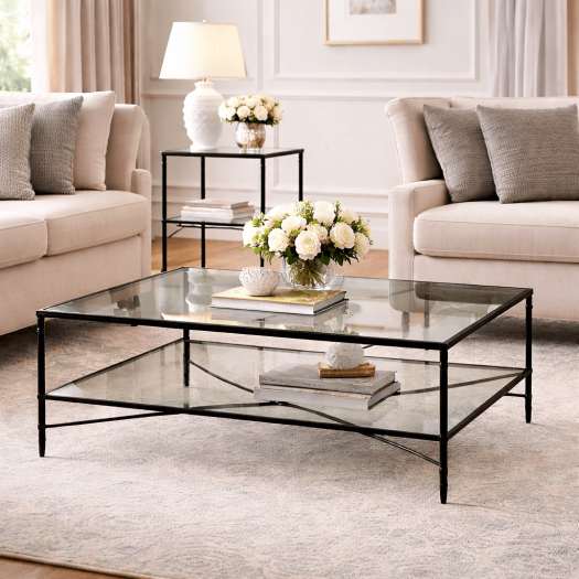 Henzler 126 W x 47 H x 126 D Black Square Coffee Table with Glass Top