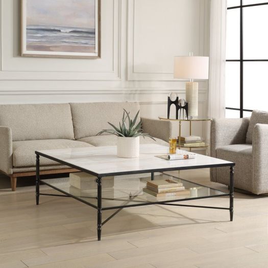 Henzler 126 W x 47 H x 126 D Black Square Coffee Table with Marble Top