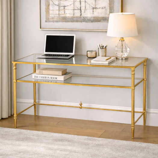 Henzler 132 W x 76 H x 71 D Gold Rectangle Desk with Mirror Top
