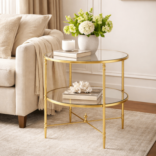 Henzler 68 W x 66 H x 68 D Gold Round End Table with Glass Top