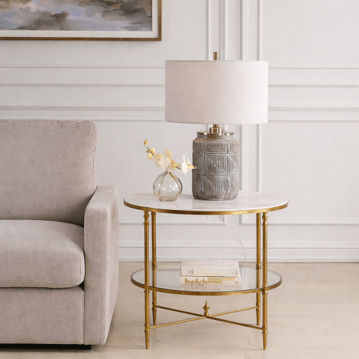 Henzler 68 W x 66 H x 68 D Gold Round End Table with Marble Top