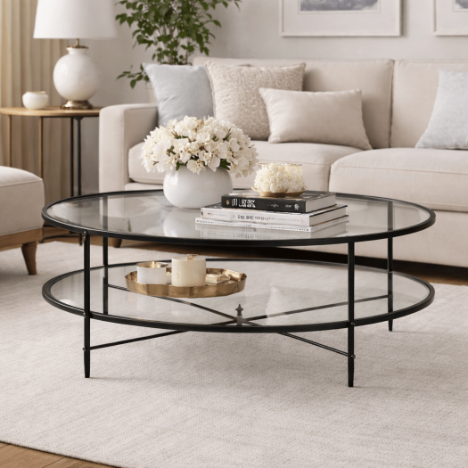 Henzler 93 W x 48 H x 134 D Black Oval Coffee Table with Mirror Top