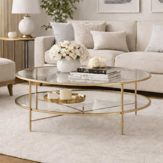 Henzler 93 W x 48 H x 134 D Champagne Oval Coffee Table with Mirror Top