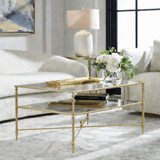 Henzler 95 W x 49 H x 71 D Champagne Rectangle Coffee Table with Mirror Top