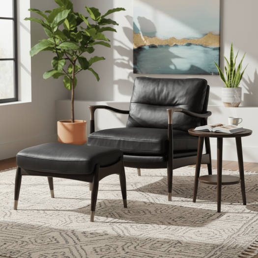 Lonut Black Accent Chair + Ottoman