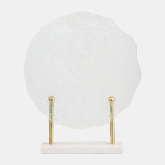 METAL,21H,SPECKLED GLASS DISC ON MARBLE STAND,WHI