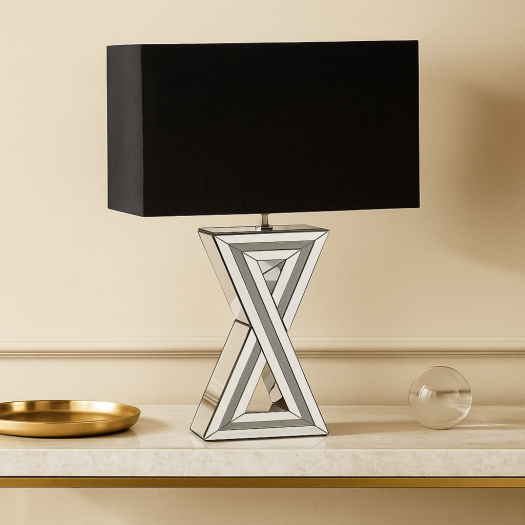 MIRRORED 28" X TABLE LAMP, SILVER