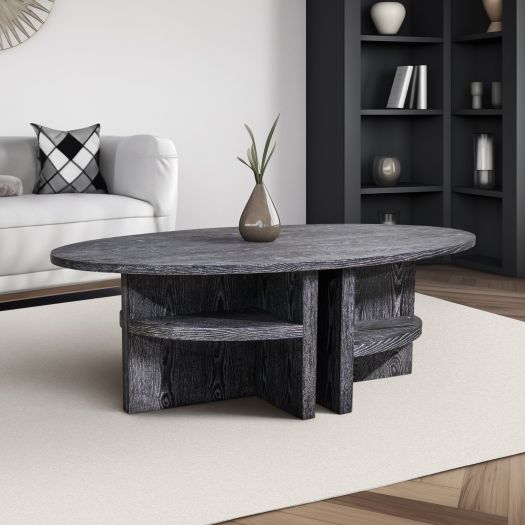OVAL COFFEE TABLE WITH BOTTOM SHELVES, GRAY