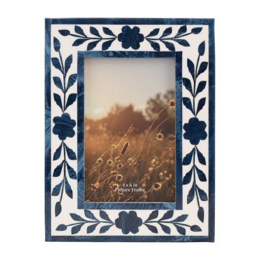 RESIN,4X6 BLUE PETALS PHOTO FRAME,WHITE/BLUE