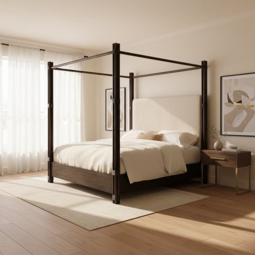 Retreat Pole Rattan Cal King Upholstered Poster Bed withCanopy