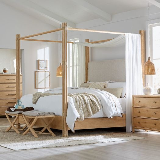 Retreat Pole Rattan Cal King Upholstered Poster Bed withCanopy