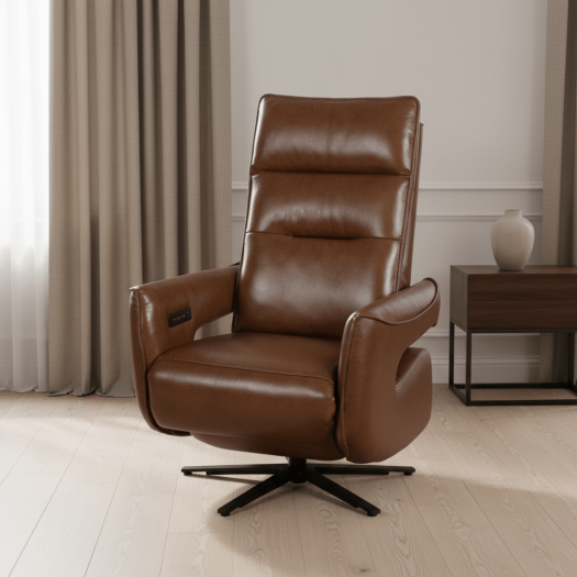 Roots Comfort Brown Leather Power Swivel Recliner